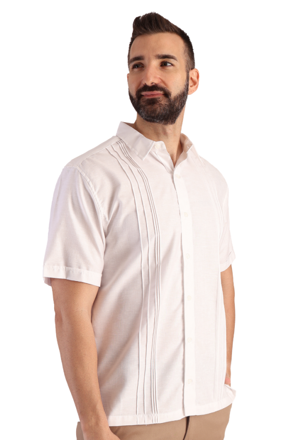 Guayabera Manga Corta Blanca Con Alforzas Look De Lino Para Caballero